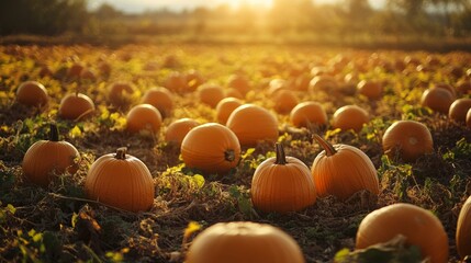 A sunlit pumpkin patch filled with ripe orange pumpkins at sunset, capturing the essence of autumn harvest and seasonal beauty.