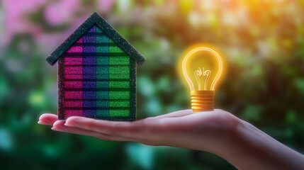 House energy efficiency energy efficient rating class concept eco home renovation save cost Lowconsumption ecological house Hand holding Green Building for Sustainable Development Conc : Generative AI