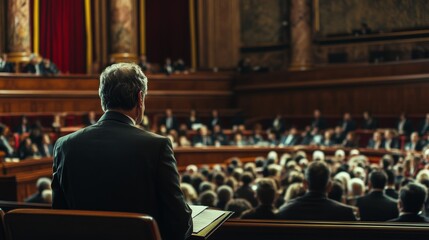 A politician stands at a podium, addressing a large assembly in a grand hall, highlighting governance, leadership, and public speaking in a formal setting.
