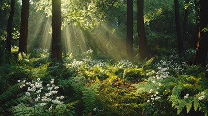 Sun rays filter through the forest canopy, illuminating ferns and wildflowers on the forest floor, creating a serene and magical atmosphere.