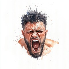 Intense Expression of Passion: Artistic Watercolor Illustration of a Man Yelling in Emotion