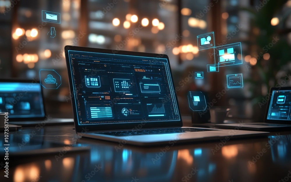 Poster Laptop screen surrounded by cloud storage icons and floating files, showing data being accessed by various devices, emphasizing cloudbased business solutions, Generative AI