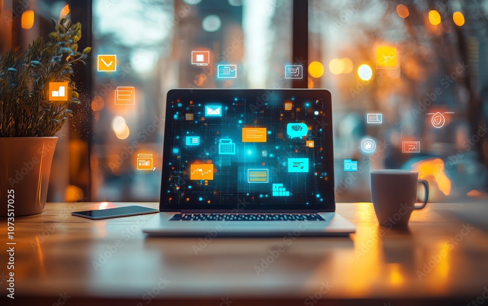 Poster Laptop screen surrounded by cloud storage icons and floating files, showing data being accessed by various devices, emphasizing cloudbased business solutions, Generative AI