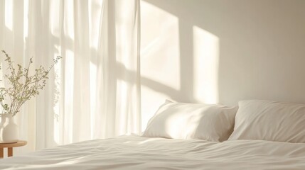 A minimalist bedroom bathed in soft morning sunlight, featuring white linens, sheer curtains, and a vase of delicate flowers.
