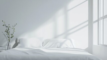 A minimalist bedroom featuring crisp white bedding, soft natural light streaming through windows, and a simple floral arrangement in a vase.
