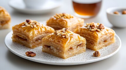 Closeup of homemade Turkish baklava a traditional Middle Eastern dessert made with layers of flaky golden brown pastry filled with a rich mixture of chopped nuts and sweet syrup