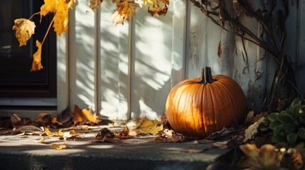 A pumpkin sits on a sunlit porch surrounded by autumn leaves, evoking a cozy and festive fall atmosphere.