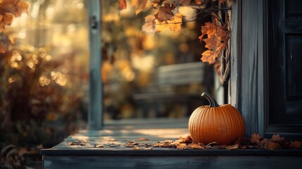 A single pumpkin sits on a rustic porch surrounded by autumn leaves, evoking a cozy and nostalgic fall atmosphere.