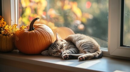 A peaceful kitten sleeps beside a pumpkin on a sunlit windowsill, with vibrant autumn colors creating a warm, cozy atmosphere.
