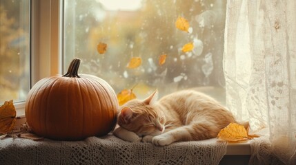 A ginger cat sleeps peacefully beside a pumpkin on a cozy windowsill, with autumn leaves softly falling outside.