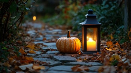 A pumpkin rests among vibrant autumn leaves beside a flowing forest stream, capturing the serene beauty of fall in nature.