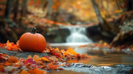 A pumpkin rests on vibrant autumn leaves near a scenic waterfall, capturing the essence of fall in a serene forest setting.
