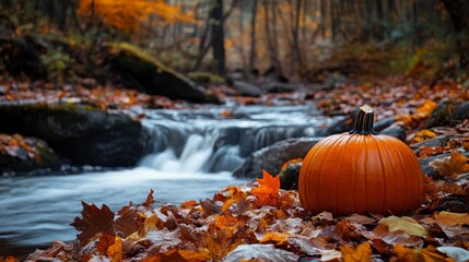 A single pumpkin sits on a rustic porch surrounded by autumn leaves, evoking a cozy and nostalgic fall atmosphere.