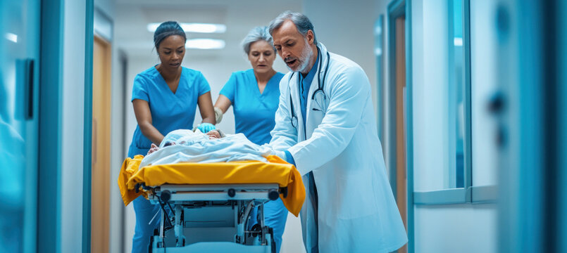 Medical team transporting patient on gurney through hospital corridor - Powered by Adobe