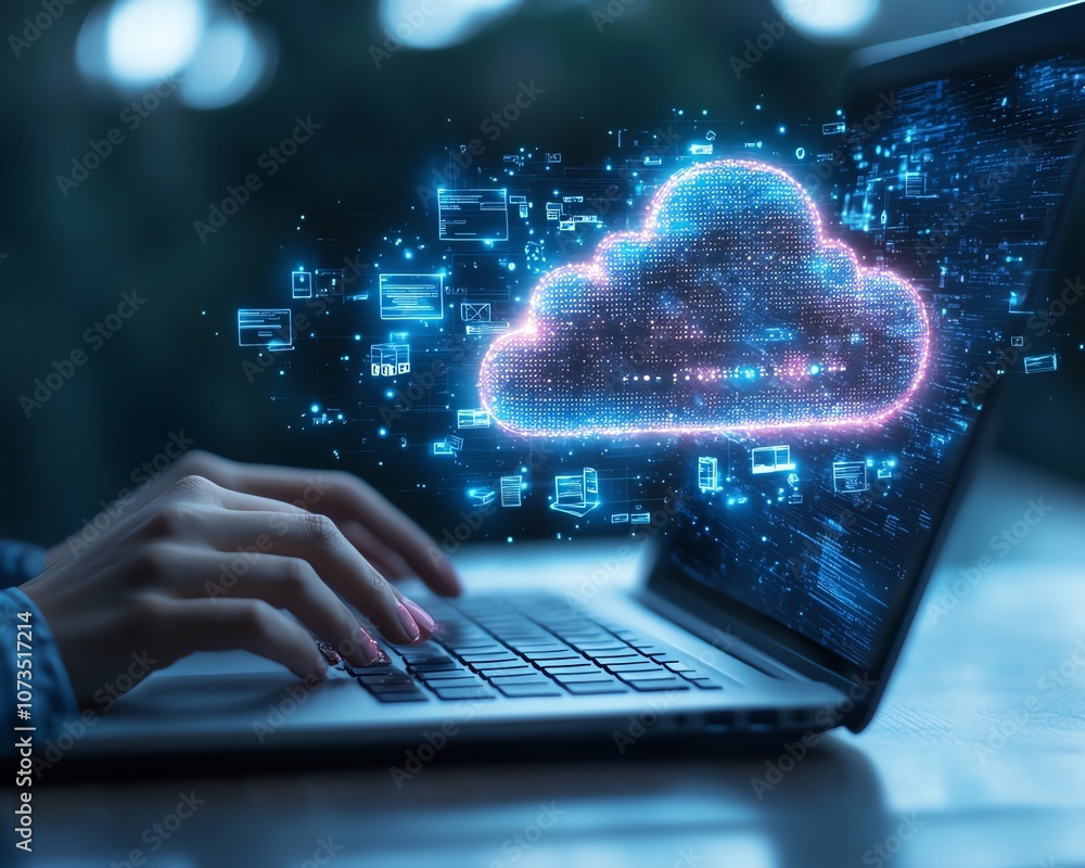 Poster A businessperson using a laptop, cloud storage icons and multiple file wraps around the screen showing data sharing between cloud and devices for business use, Generative AI