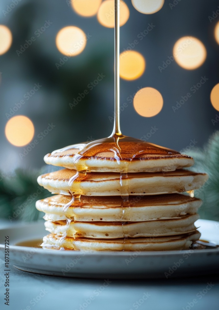 Poster a stack of pancakes with syrup dripping from them