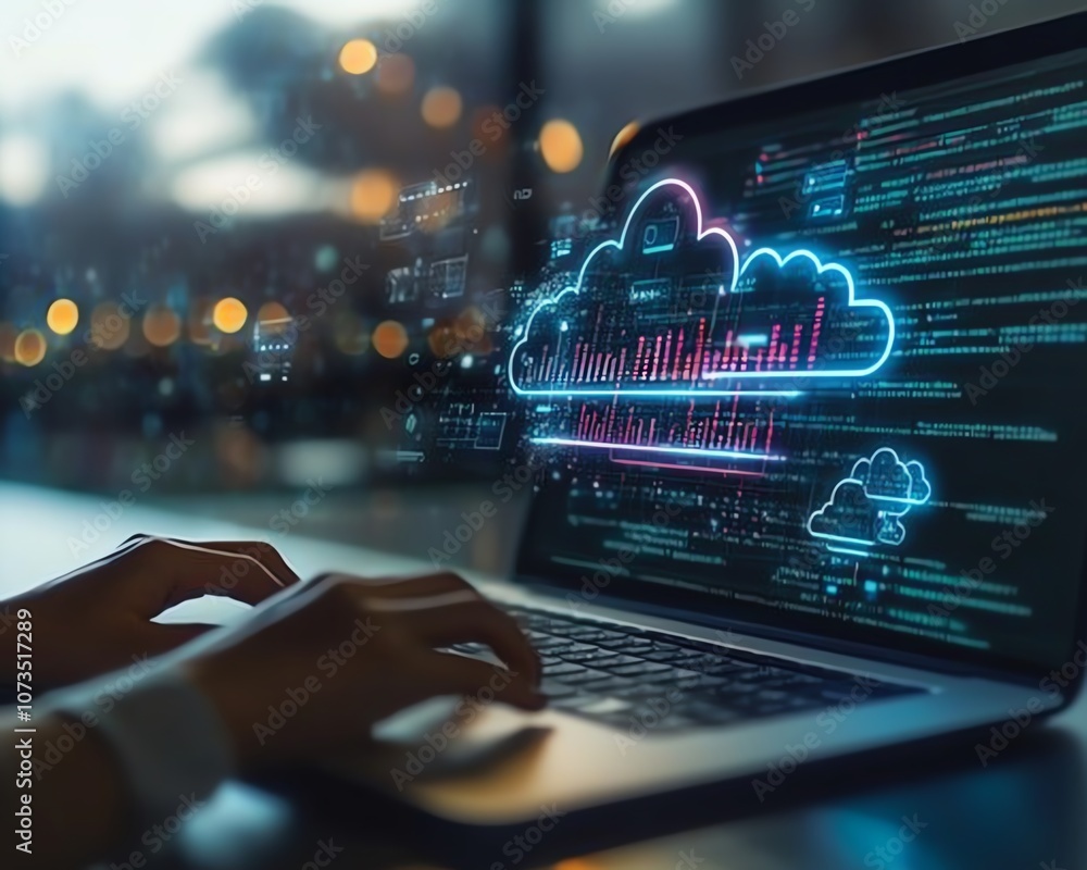 Poster A businessperson using a laptop, cloud storage icons and multiple file wraps around the screen showing data sharing between cloud and devices for business use, Generative AI