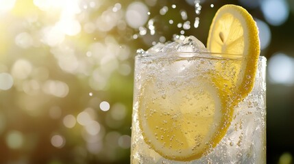 Close-up of a refreshing lemon soda with ice and lemon slices, sparkling in the sunlight, evoking summer freshness.