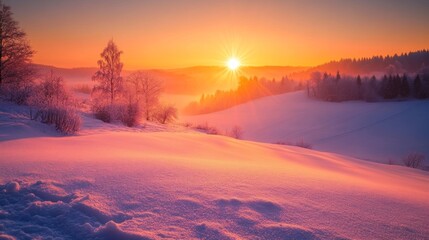 A vibrant winter sunrise illuminates a snowy landscape with frosty trees and rolling hills, creating a serene and magical atmosphere.