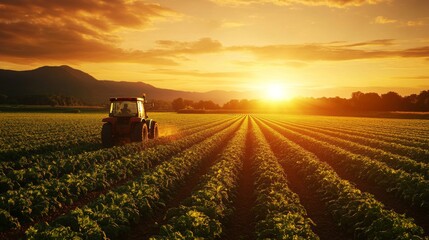 A tractor plows through a lush green field under a stunning sunset, highlighting the beauty of rural farming life.