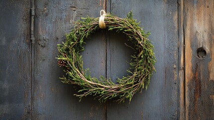 A simple green wreath made of twigs and foliage hangs on a weathered, rustic wooden door, creating a natural and cozy atmosphere.