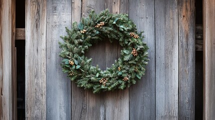 An evergreen wreath adorned with berries hangs on a rustic wooden wall, adding a festive and natural touch to the decor.