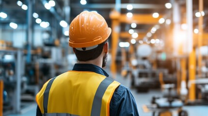 Rear view of a factory worker in a hard hat and safety vest, attentively observing the production line in a brightly lit manufacturing facility.