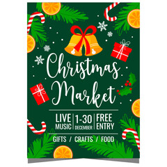 Christmas market invitation banner or poster with traditional decorations. Ready for print or for web leaflet or flyer for a street fair associated with the celebration of winter holidays.