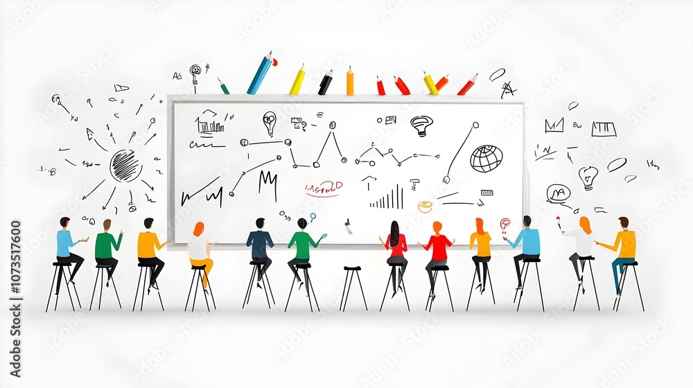Poster of a diverse business team collaborating and strategizing together on a whiteboard showcasing their teamwork problem solving skills and commitment to achieving their corporate goals