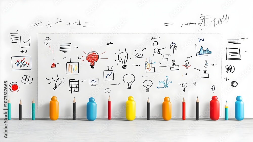 Poster diverse group of business professionals collaborating on strategy and planning using a whiteboard in