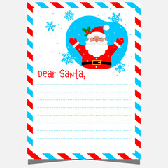 Christmas letter to Santa blank template with empty lines to fill out by kids during holidays. Vector illustration of Christmas postcard with cute Santa Claus character and snowflakes.