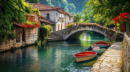 Obraz premium Picturesque stone bridge over a tranquil canal in a charming European village with boats moored along the banks.