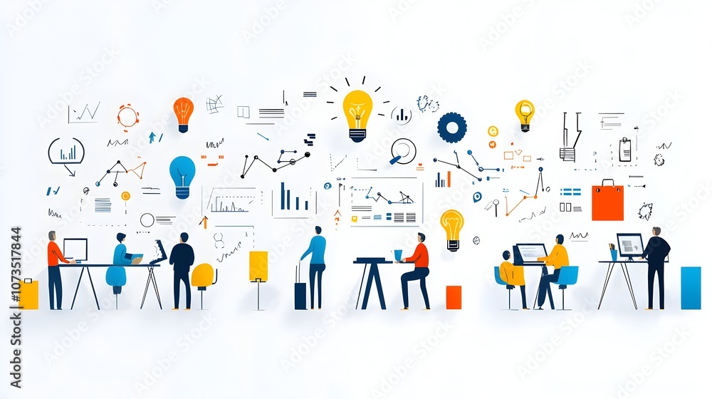 Poster successful business leaders collaborating and strategizing on projects and initiatives in a modern c