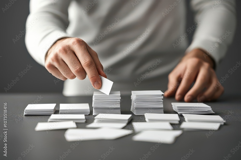 Poster visual of a person reviewing business cards collected from a networking event