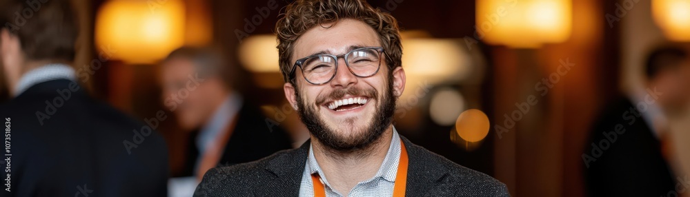 Poster business professional at a networking event, smiling and listening attentively to a new contact, pro