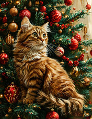 cat on christmas tree. new year card.