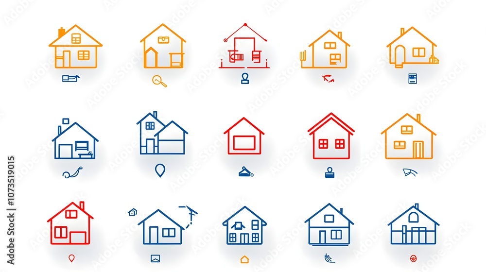 Poster comprehensive set of line icons representing various aspects of real estate and property listings in