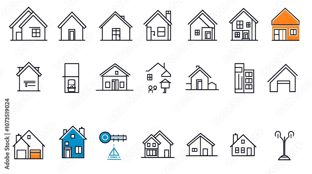 Poster comprehensive set of line style icons depicting various real estate elements such as houses apartmen
