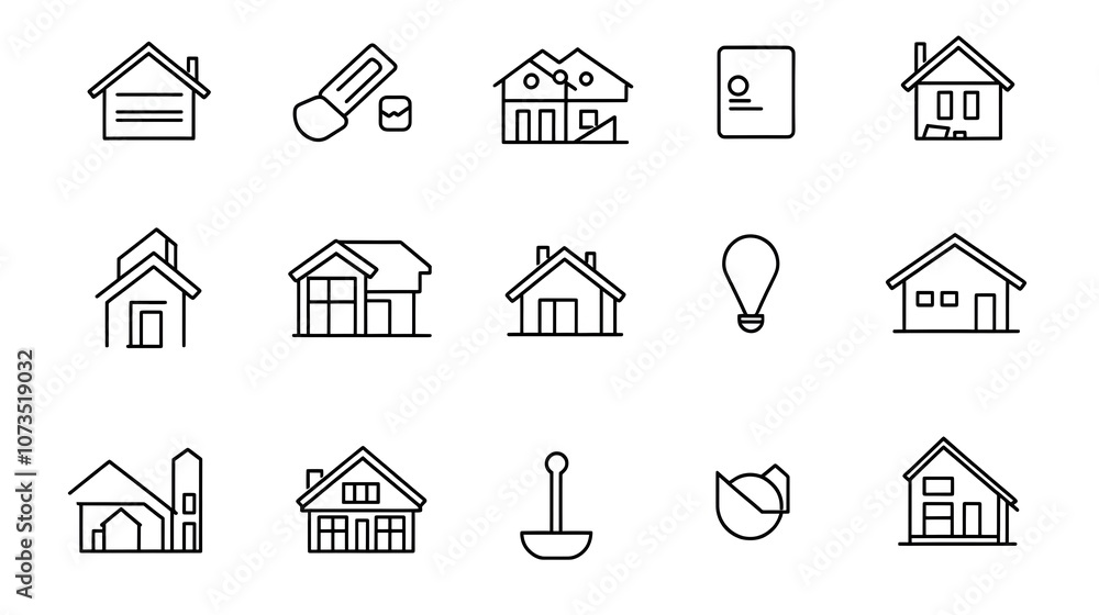 Poster comprehensive set of line icons representing various real estate concepts including houses apartment