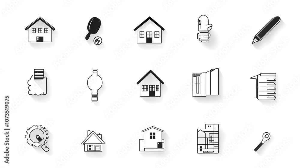 Poster featuring a set of minimalist outline icons representing various concepts related to home ownership 