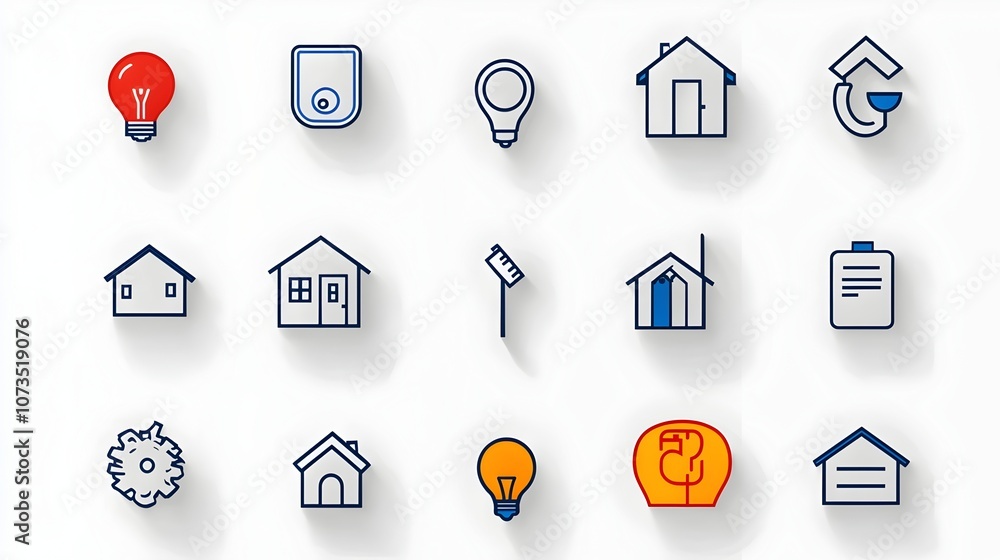 Poster of outline icons representing home ownership mortgage and related financial concepts on a clean whit