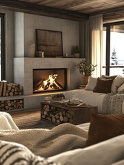 Cozy Living Room with Fireplace and Winter View
