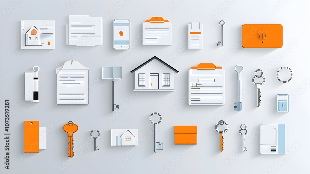 Aufkleber A set of simple and clean line icons representing various real estate concepts such as house keys property contracts mortgage documents residential buildings