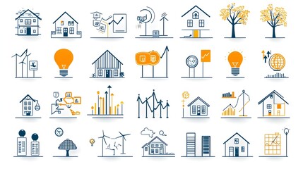 Set of minimal outline icons representing various mortgage loan and real estate investment concepts like property finance housing banking and commercial development