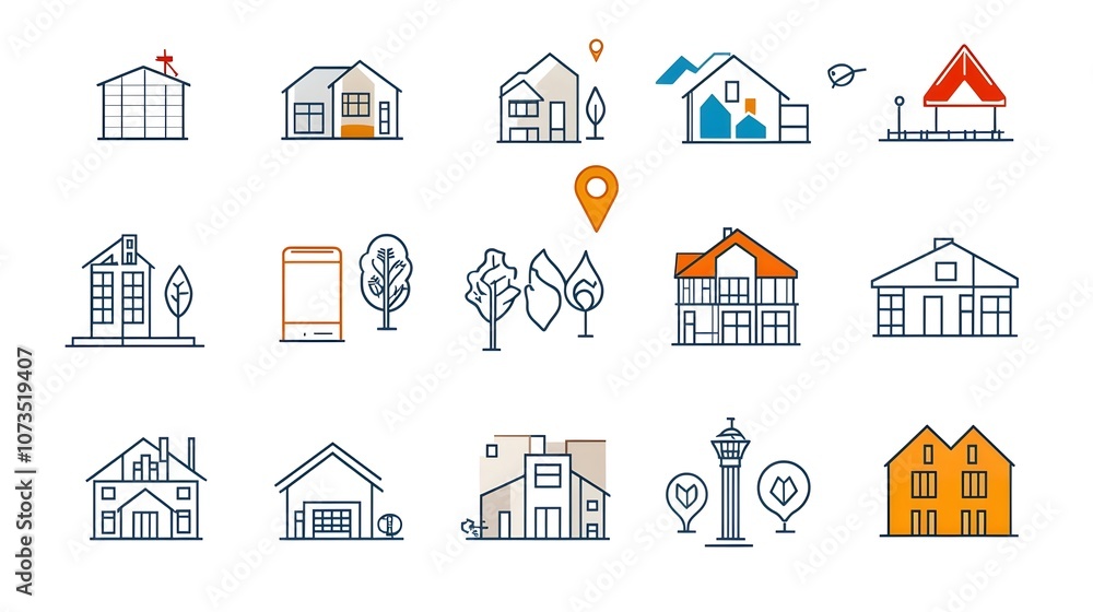 Aufkleber this set of outline icons displays a variety of building types including residential commercial and 