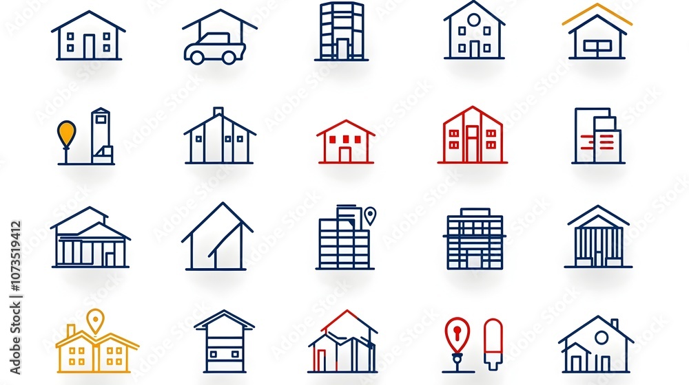 Aufkleber Comprehensive set of outline icons depicting a diverse range of building types and architectural styles for the real estate industry including residential commercial and industrial properties