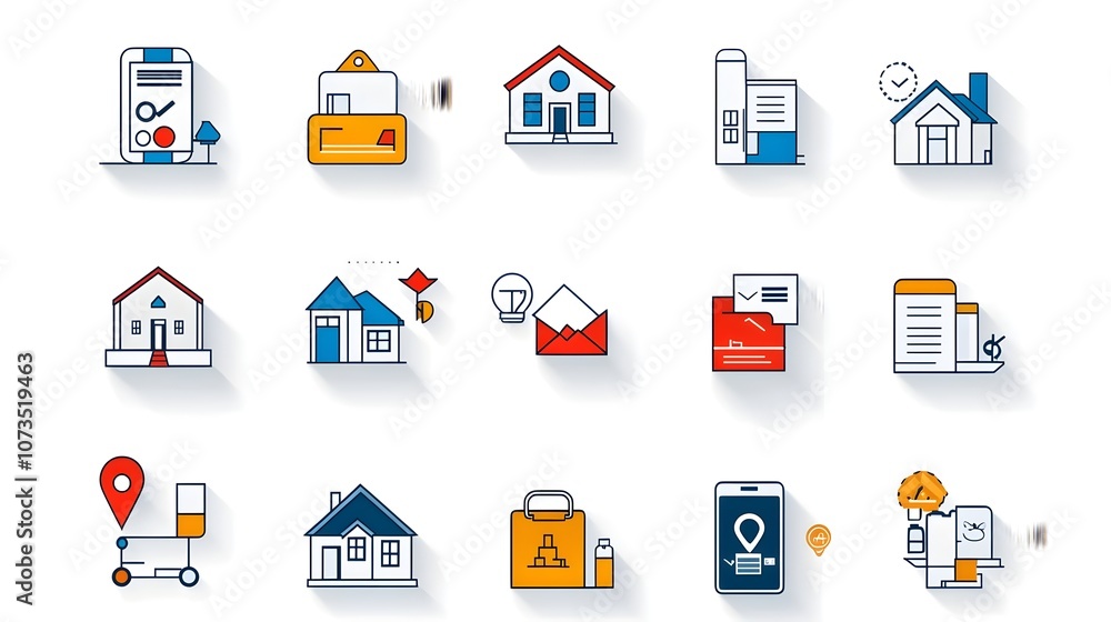 Aufkleber Set of minimalist outline icons representing the key steps and elements of the real estate and mortgage application process including home building finance loan payment and more  Suitable for web