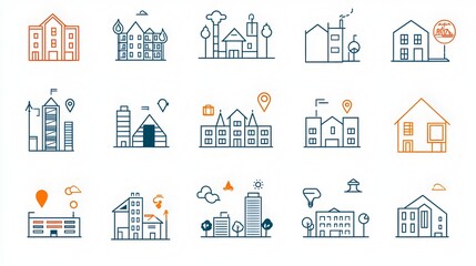 Collection of Outline Icons Representing Various Building Structures From Residential Homes to Commercial Skyscrapers Designed for Real Estate Market Applications and Presentations