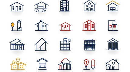 Fototapeta premium Comprehensive set of outline icons depicting a diverse range of building types and architectural styles for the real estate industry including residential commercial and industrial properties