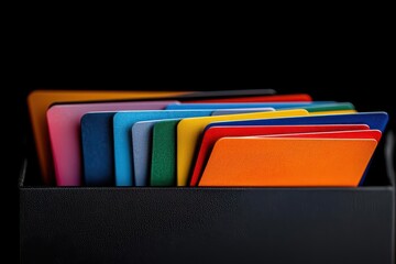 Close-up of a business card holder filled with cards from different professionals